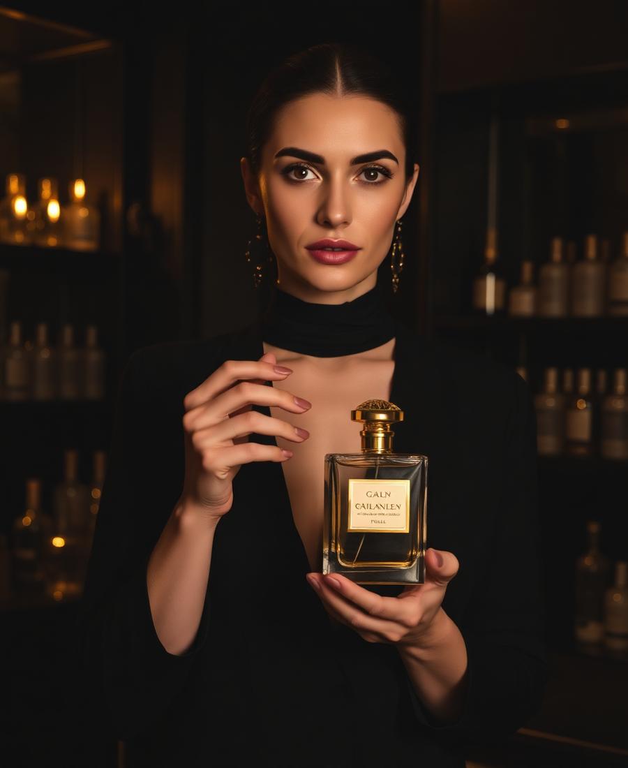 Parfumeurin mit goldenem Flakon im dunklen Atelier